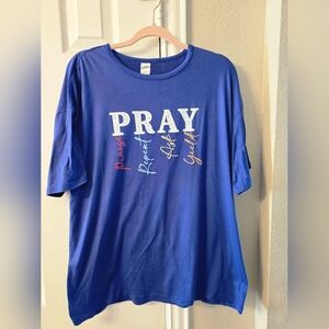 Blue Graphic T-Shirt with 'PRAY' Design